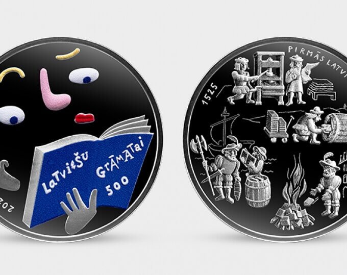 Proof 5€ Letónia 2025 – O primeiro livro em letão
